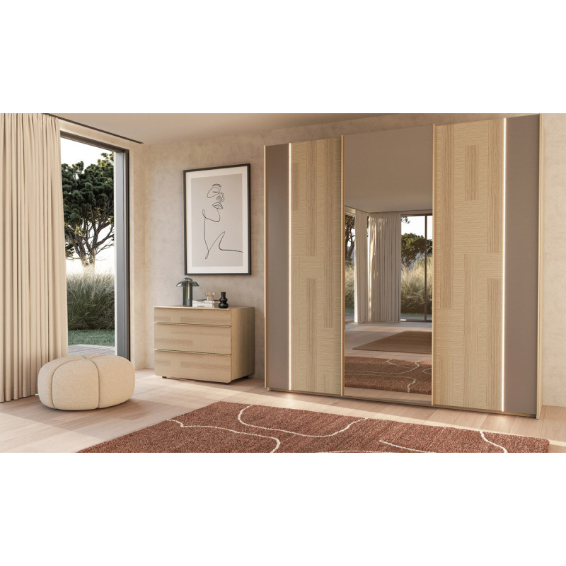 Majestic - Armoire 2 portes bois et 1 porte miroir coulissantes 